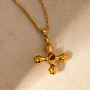 Stainless Steel Natural Stone‎ Cross Dangle Necklace